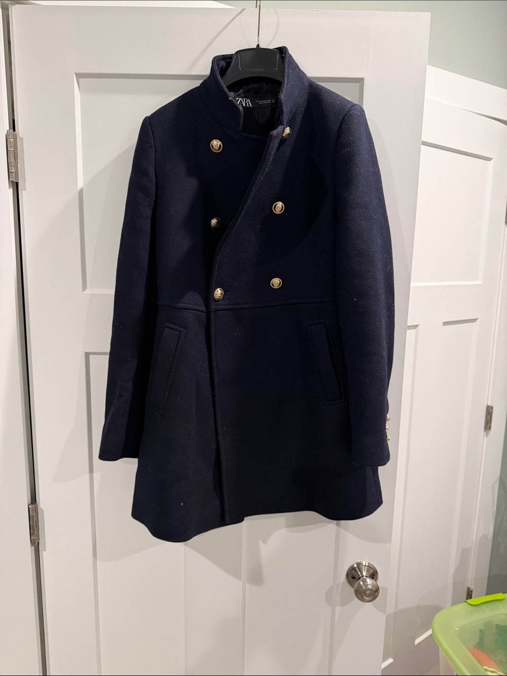 Zara Women's Navy Double-Breasted Pea Coat with Gold Buttons